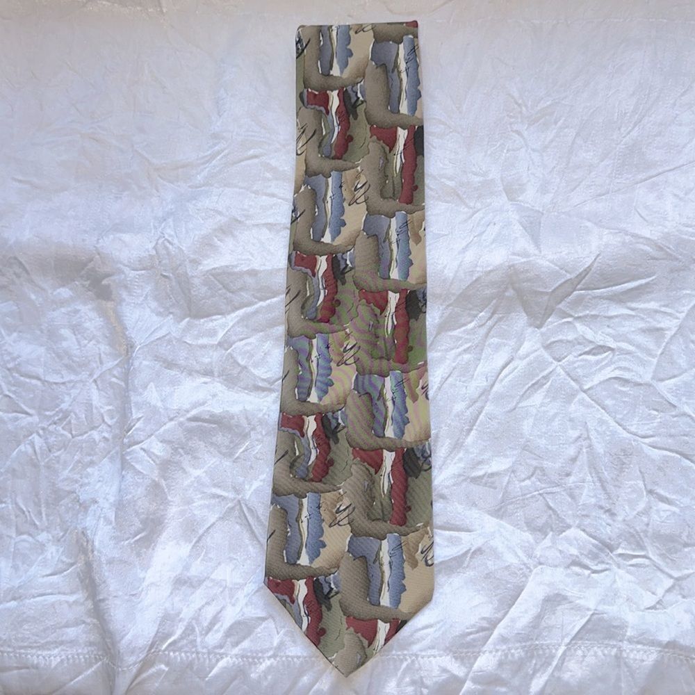 Vintage J. Garcia Red, Cream, Blue, Tan & Green Abstract Design Silk Tie - Picture 2 of 6